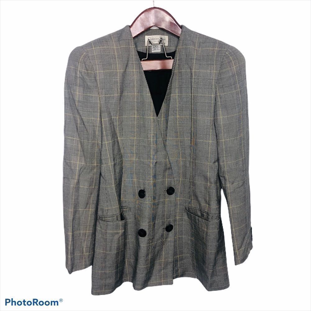 Christian Dior Vintage Plaid Check Button Blazer 8 Retro Double Structured Black - Picture 1 of 7